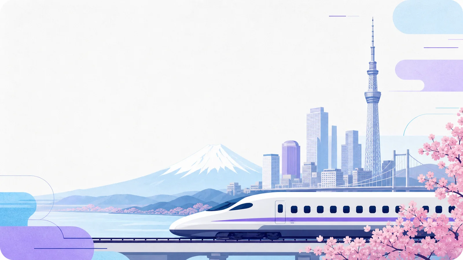 An editorial Japan travel scene with a Shinkansen, the Tokyo skyline, and Mount Fuji.