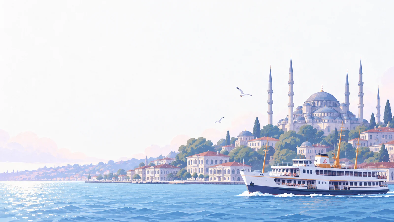 An illustrated passenger ferry on Istanbul's waterfront beside domes and minarets.