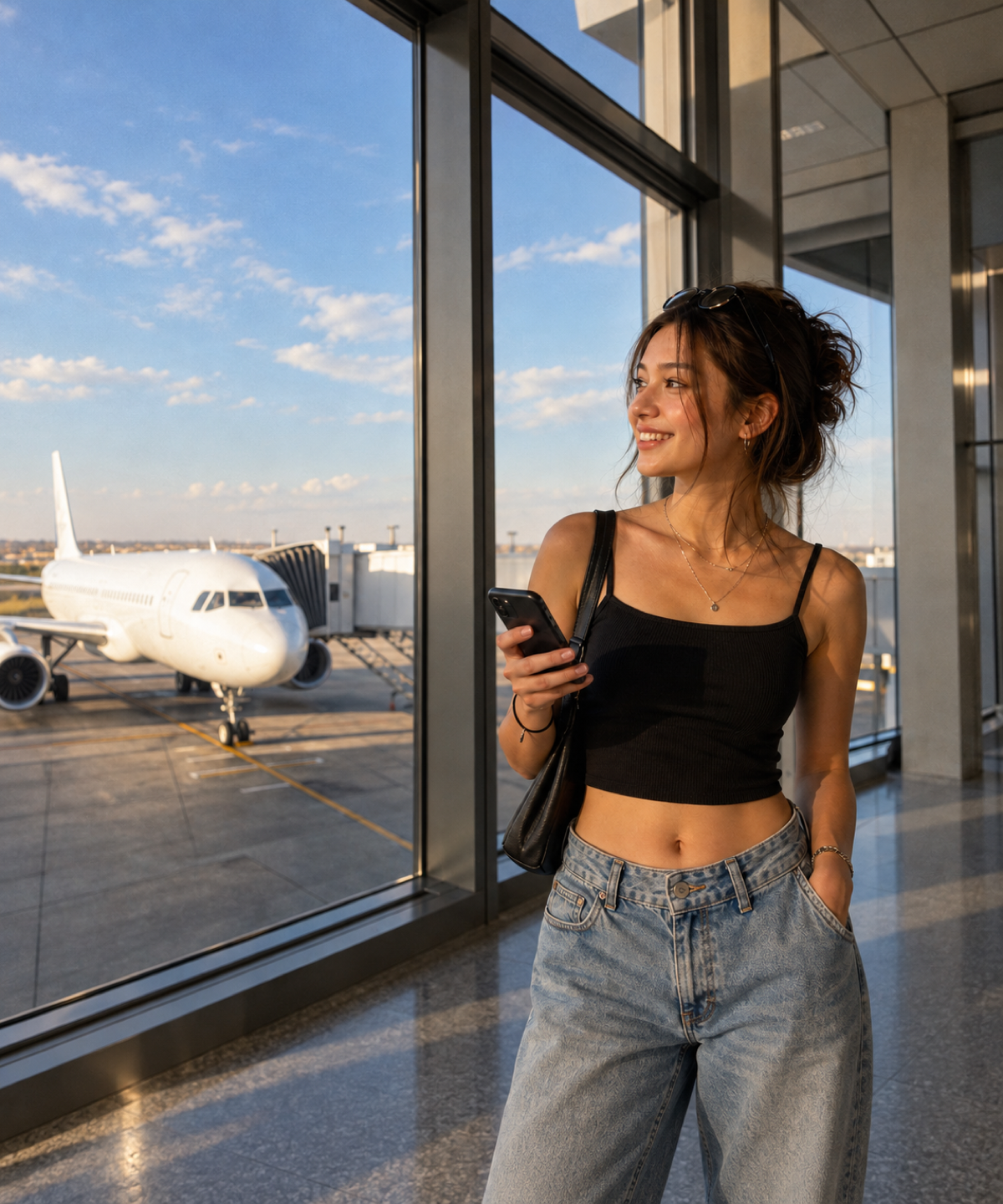 Traveller using her phone at the airport